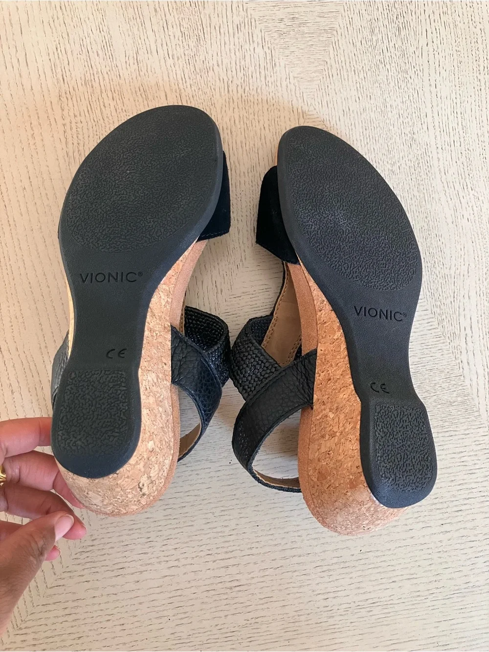 Vionic Kaytie Black Suede Cork Wedge Slingback Sandal